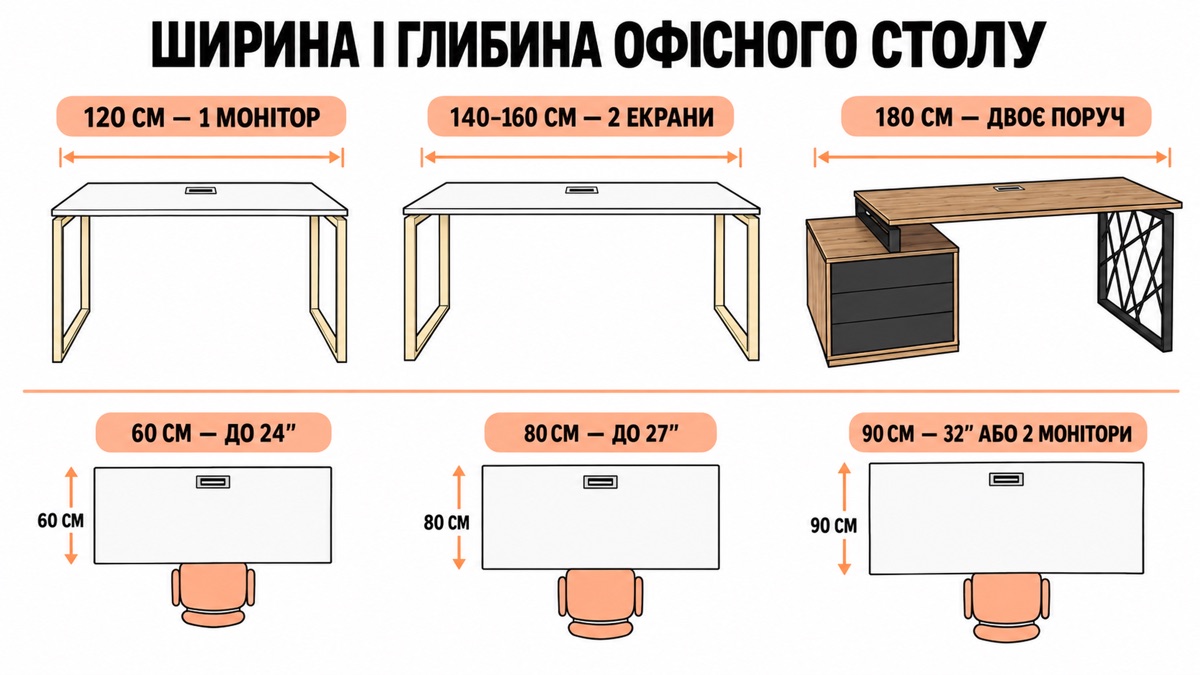 Ширина і глибина офісного столу: 120 см під 1 монітор, 140-160 см під 2 екрани, 180 см на двох поруч; глибина 60 см до 24 дюймів, 80 см до 27, 90 см до 32 або 2 монітори
