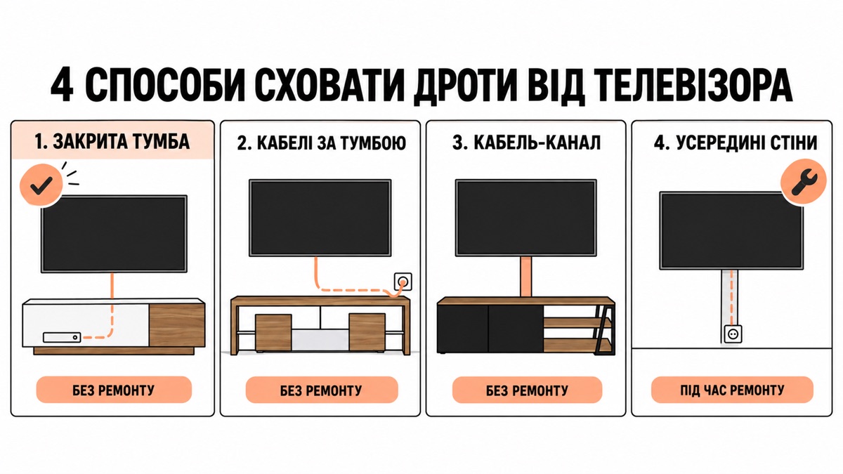 4 способи сховати дроти від телевізора: закрита тумба, тумба з зазором до стіни, кабель-канал по стіні, штроблення в стіні