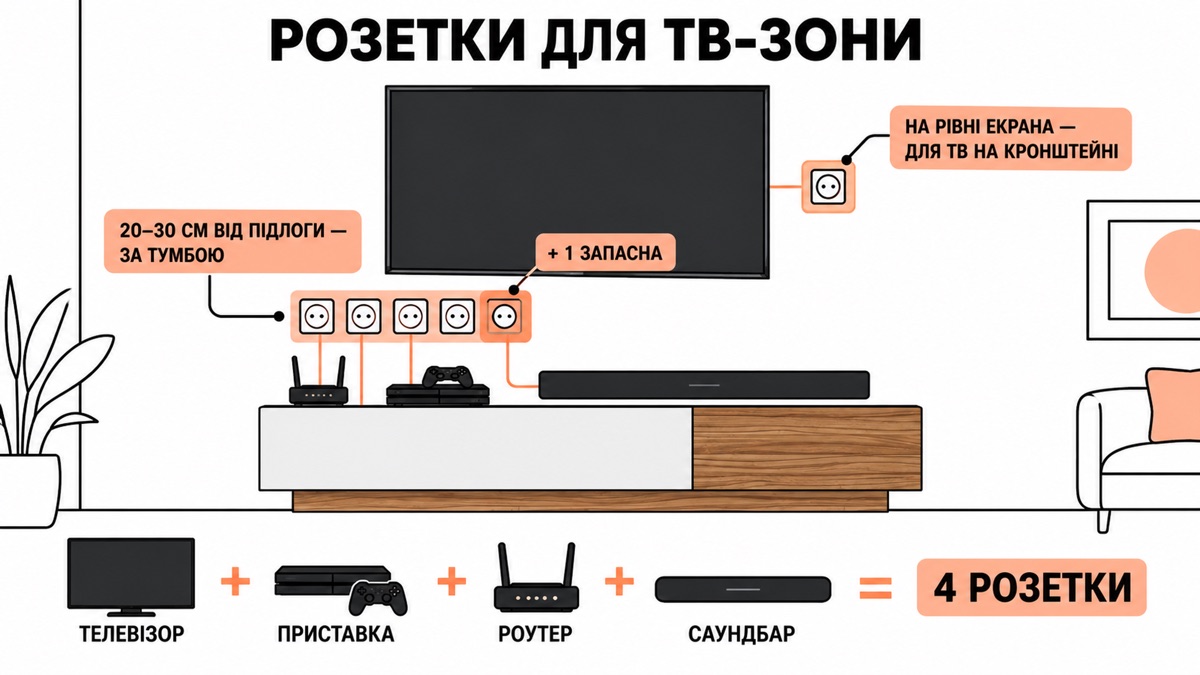 Розетки для ТВ-зони: телевізор плюс приставка плюс роутер плюс саундбар — чотири розетки плюс одна запасна