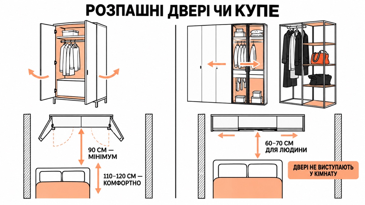 Розпашні двері чи купе: розпашні потребують 90-120 см перед шафою, купе потребує лише 60-70 см для людини