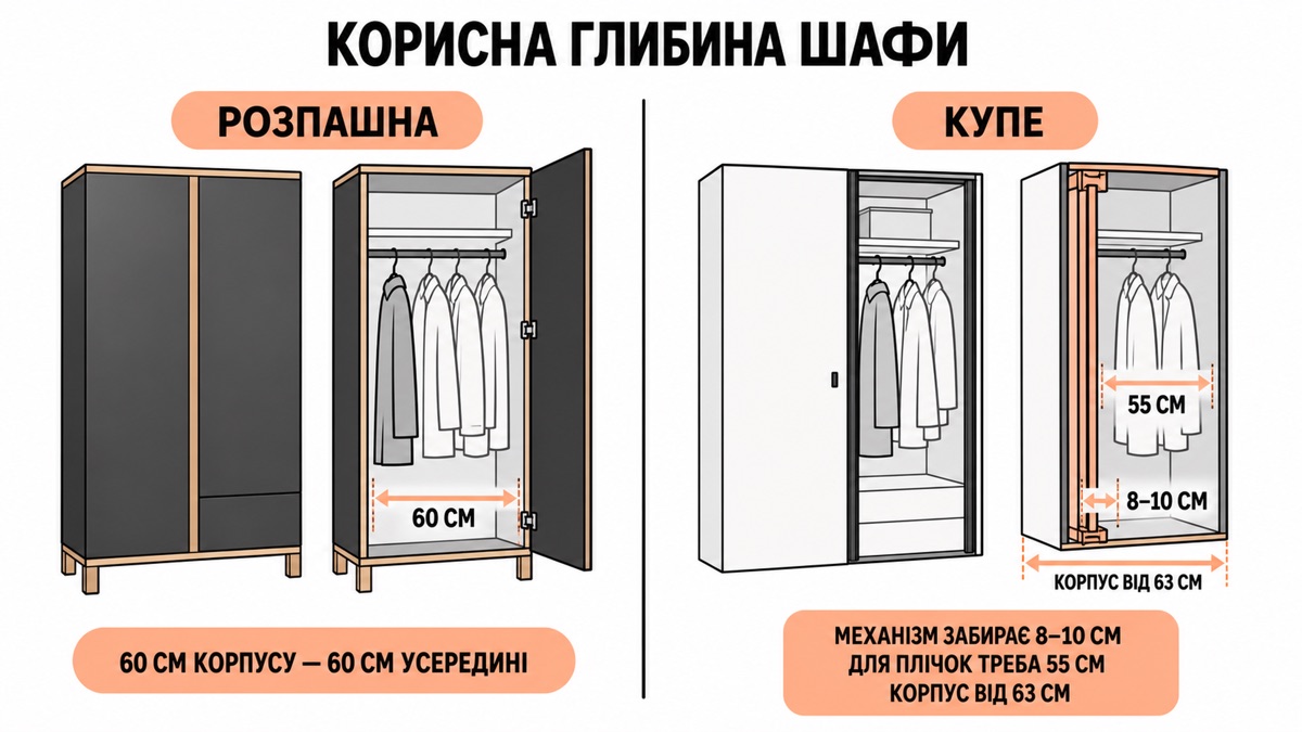 Корисна глибина шафи: розпашна 60 см дає повні 60 см для плічок, купе 60 см дає лише 50 см через механізм і напрямні