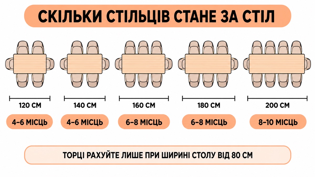 Скільки стільців стане за стіл залежно від довжини столу та ширини стільця — від 4 за столом 120 см до 10 за столом 240 см