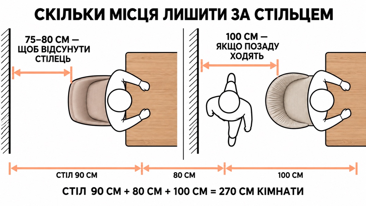 Скільки місця треба за стільцем: 75-80 см від краю столу до стіни, 100 см якщо за стільцем ходять