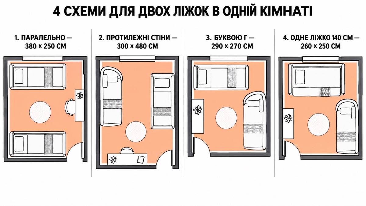 4 схеми для двох ліжок в одній кімнаті: паралельно 380x250 см, протилежні стіни 300x480 см, буквою Г 290x270 см, одне ліжко 140 см 260x250 см