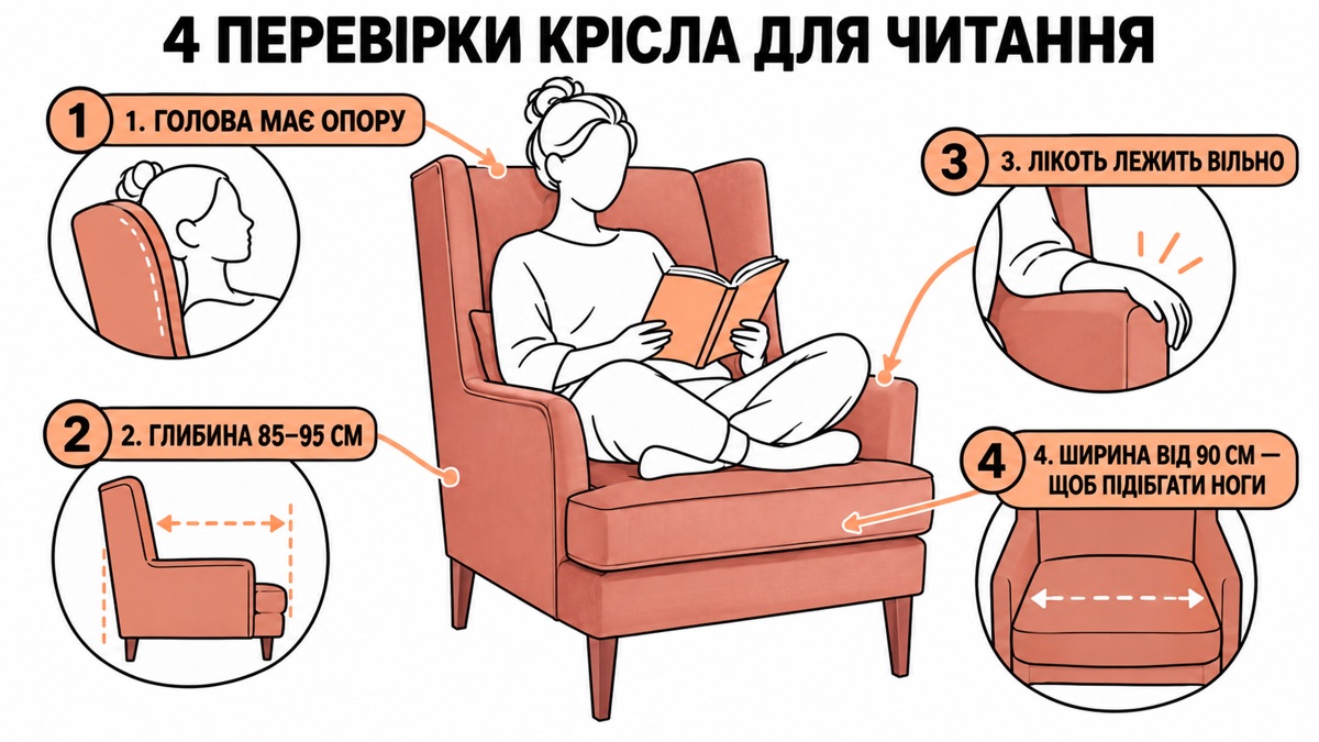 4 перевірки крісла для читання: висота спинки, глибина сидіння, рівень підлокітників, ширина для підібганих ніг