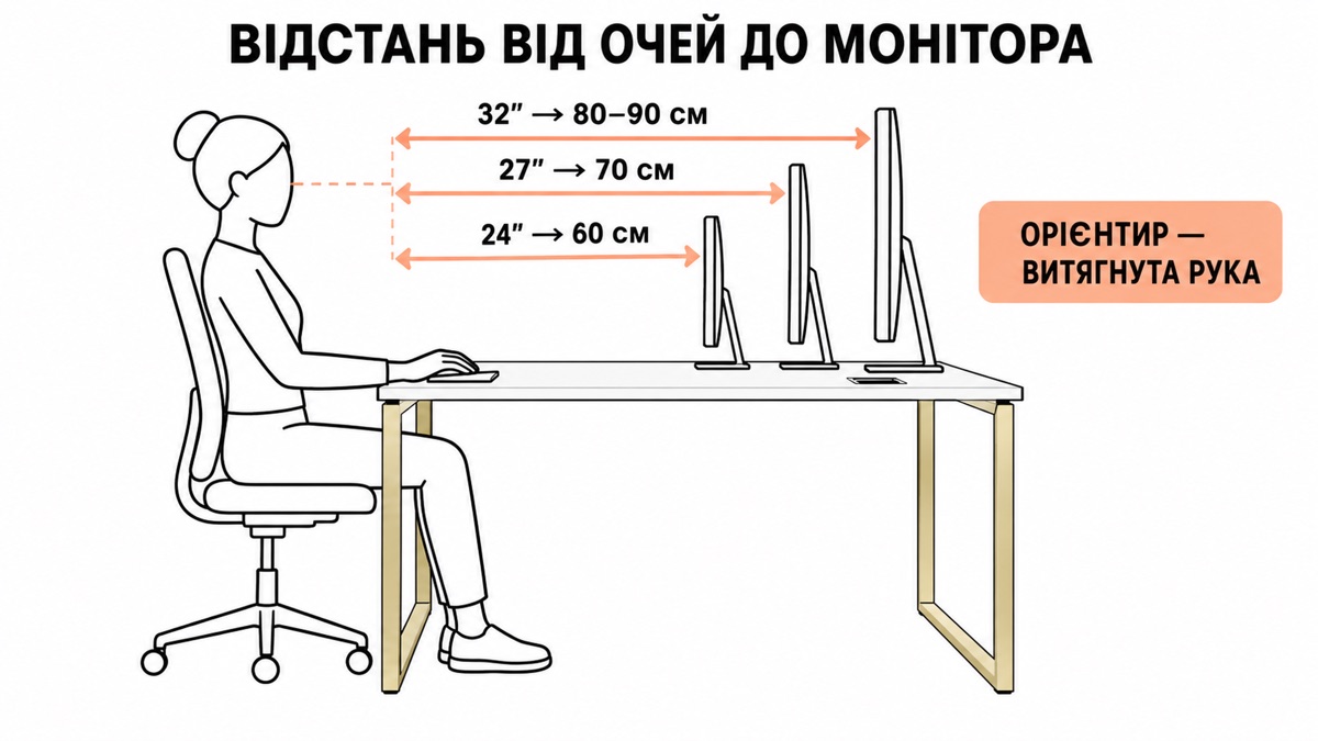 Відстань до монітора: 24 дюйми - 60 см, 27 дюймів - 70 см, 32 дюйми - 80-90 см — орієнтир витягнута рука