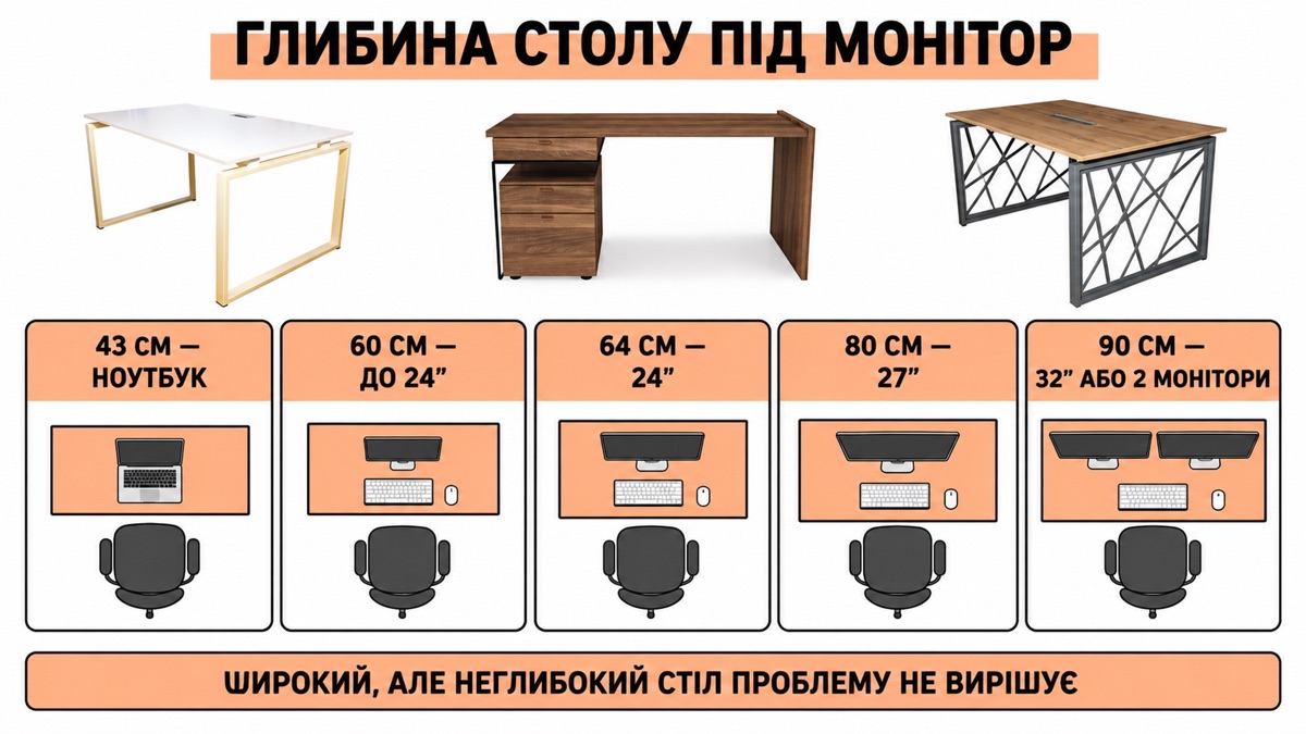 Глибина столу під монітор: 60 см до 24 дюймів, 80 см під 27 дюймів, 90 см під 32 дюйми або два монітори
