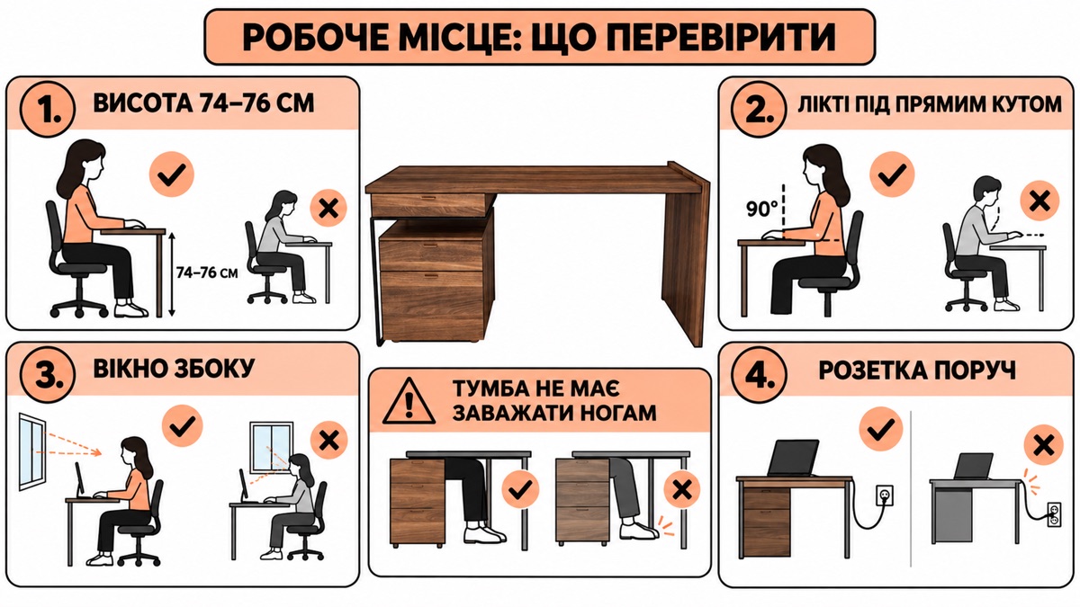 Чекліст робочого місця: розетка поруч, вікно збоку не спереду й не ззаду, місце для ніг без тумби на заваді
