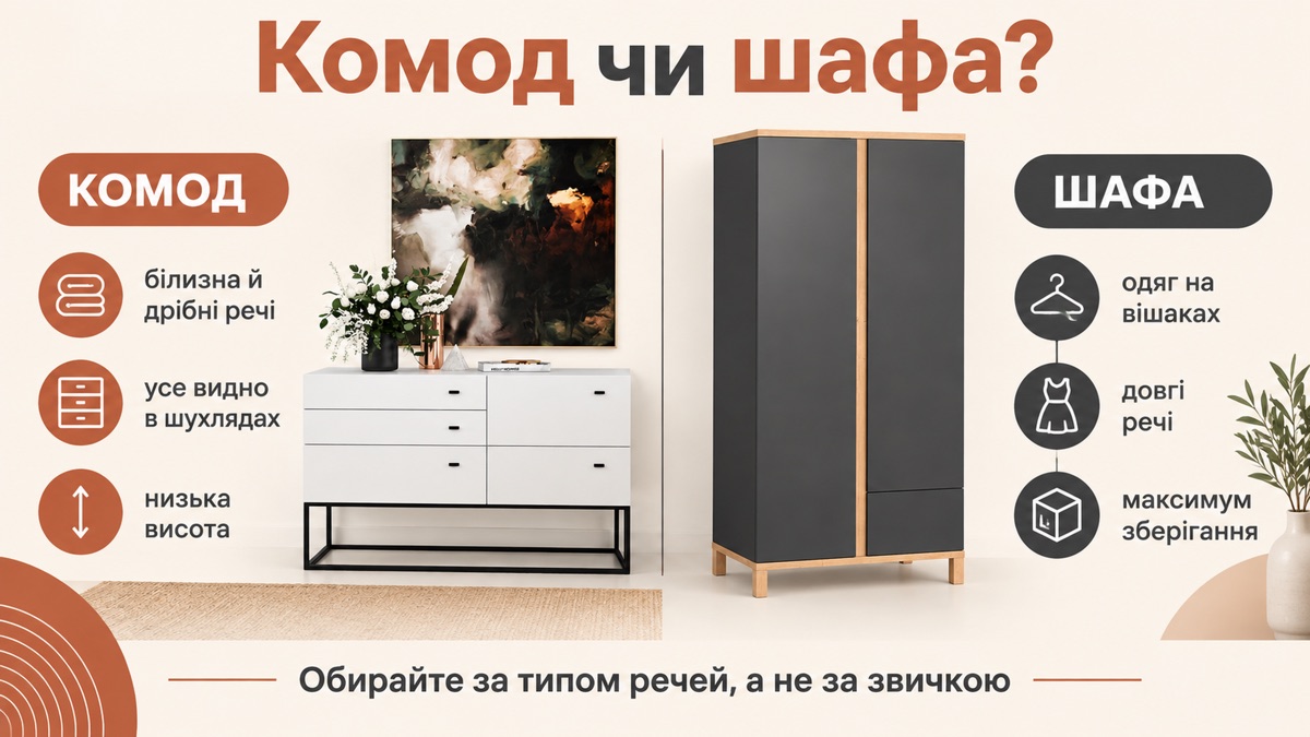 Комод чи шафа: плічка потребують щонайменше 55 см глибини, складений одяг вистачить 40 см