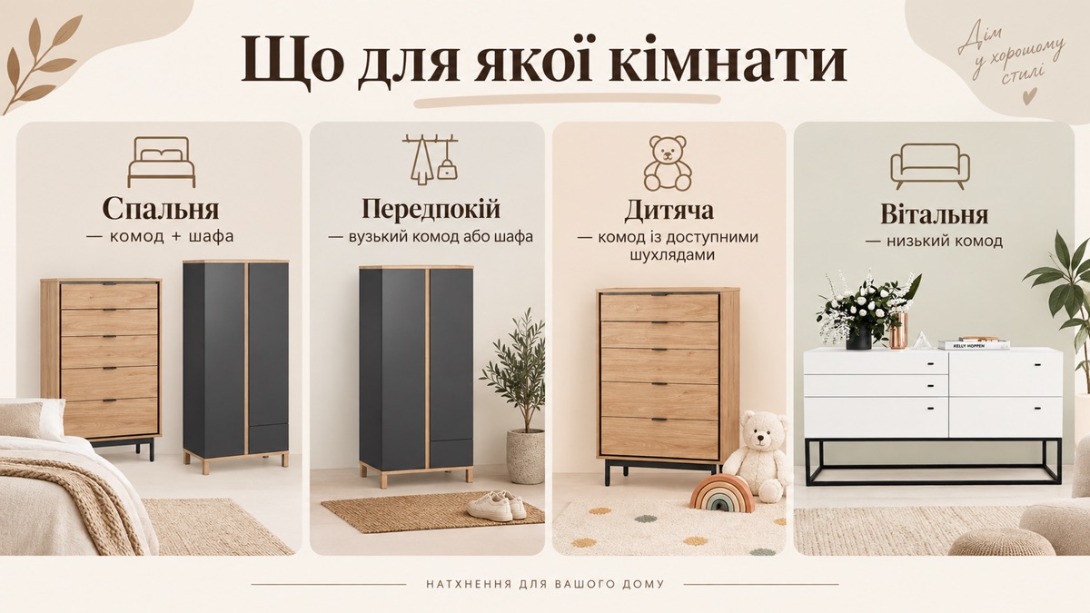 Що для якої кімнати: спальня шафа базово, вітальня низький комод, дитяча комод, передпокій вузький комод 40 см