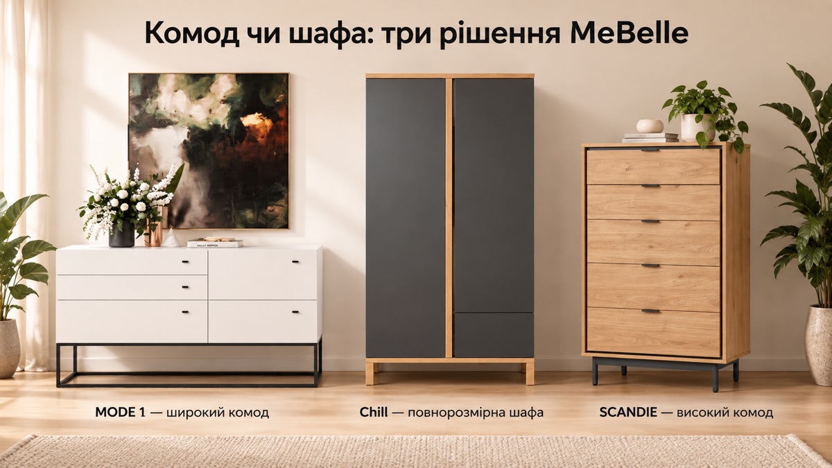 Комод чи шафа три рішення MeBelle: MODE 1 широкий комод, Chill повнорозмірна шафа, SCANDIE високий комод