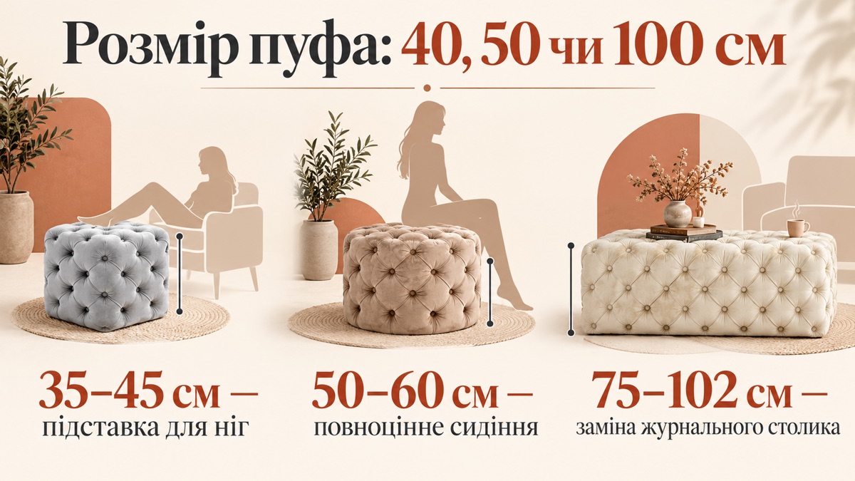 Розміри пуфа: 35-45 см підставка для ніг, 50-60 см повноцінне сидіння, 75-102 см заміна журнального столика, довгі й нестандартні банкетки