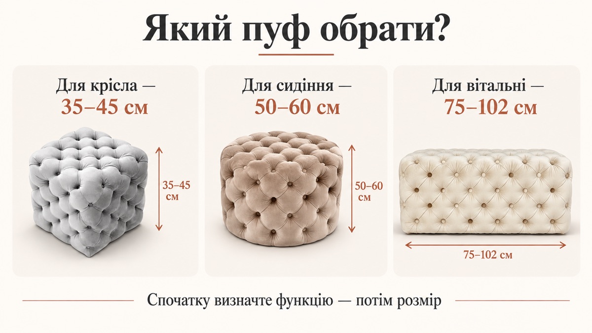 Який пуф обрати: ноги 35-45 см, сидіти 50-60 см, ставити від 75 см — залежно від висоти сидіння дивана поруч