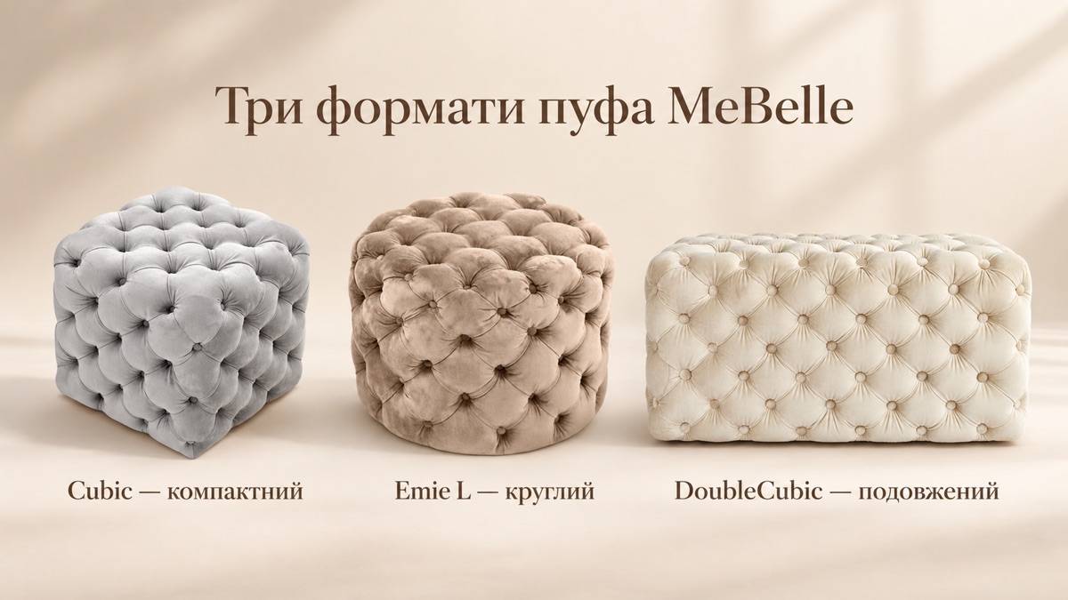 Три формати пуфа MeBelle: Cubic компактний, Emie L круглий, DoubleCubic подовжений