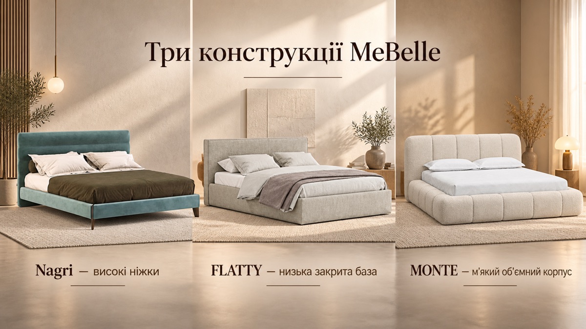 Три конструкції MeBelle: Nagri високі ніжки, FLATTY низька закрита база, MONTE мʼякий обʼємний корпус