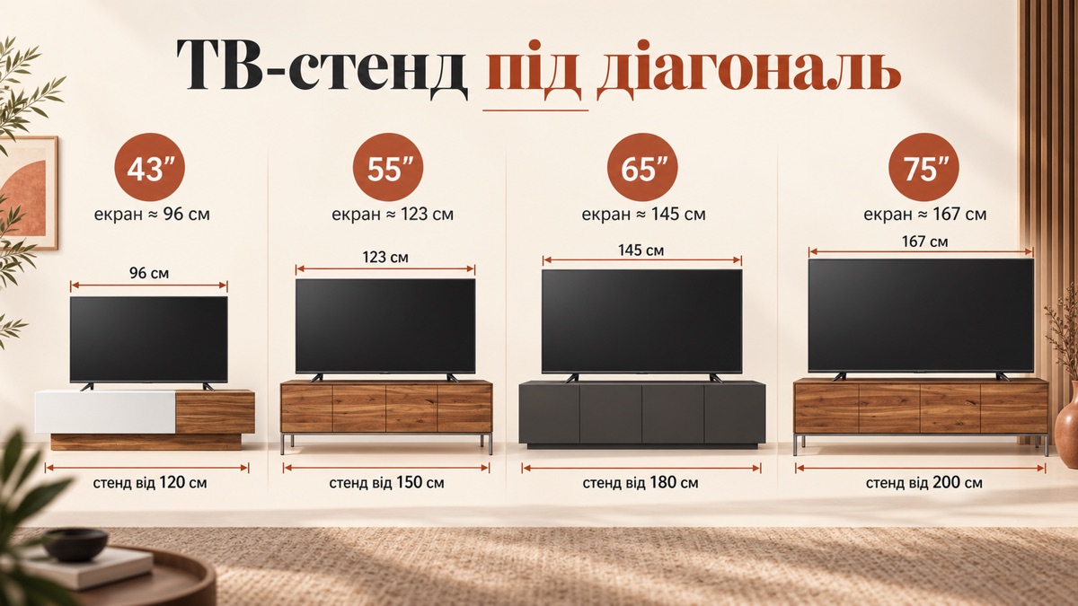 ТВ-стенд під діагональ: 43 дюйми - тумба від 100 см, 55 дюймів - від 130 см, 65 дюймів - від 150 см, 85 дюймів - від 200 см