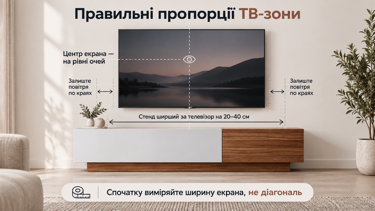 Правильні пропорції ТВ-зони: центр екрана на рівні очей людини, яка сидить — 100-110 см від підлоги