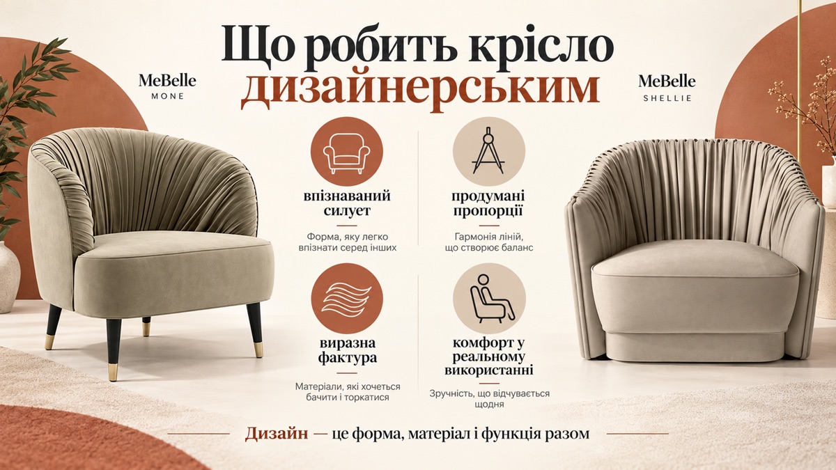 Що робить крісло дизайнерським: форма підпорядкована посадці, завершений вигляд з усіх боків, опори як частина задуму