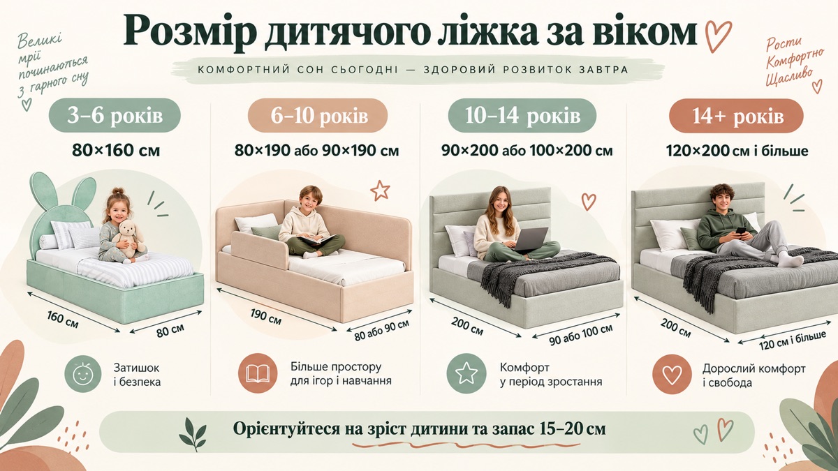 Розмір дитячого ліжка за віком: 3-6 років 80x160 см, 6-10 років 80-90x190 см, 10-14 років 90-100x200 см, від 14 років 120x200 см