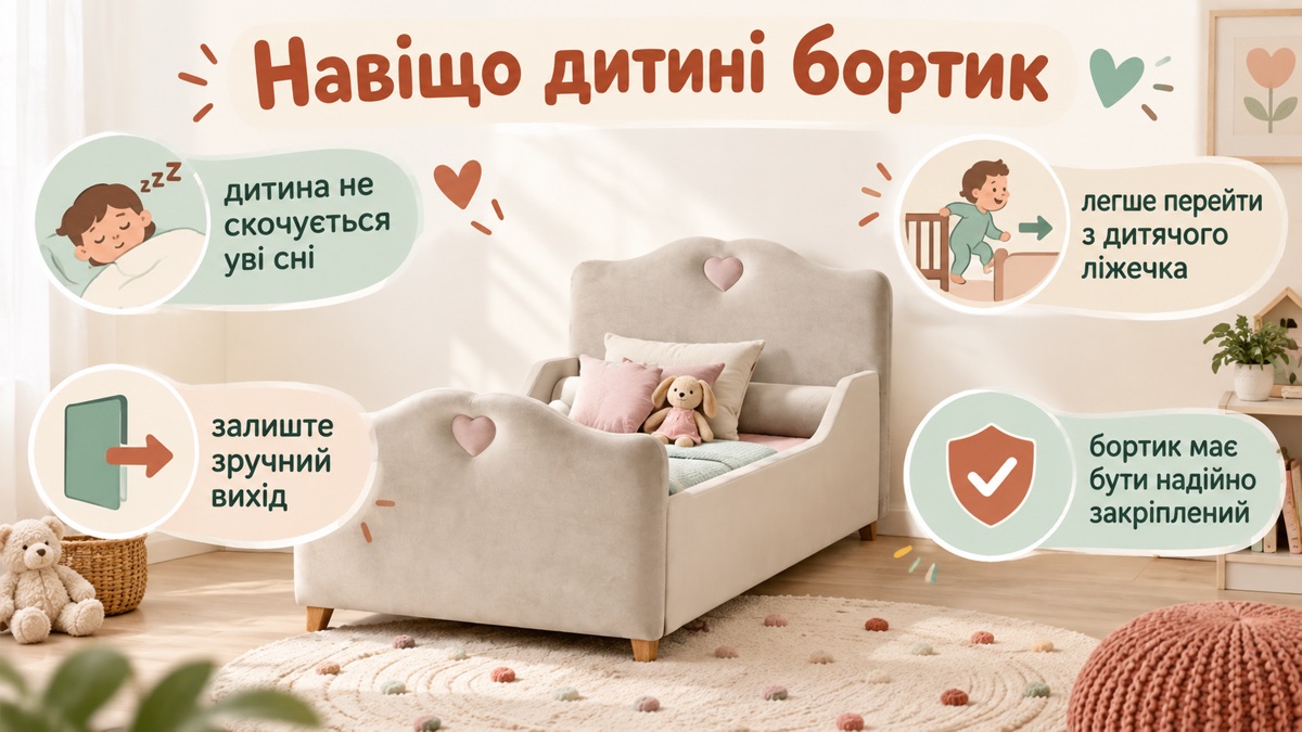 Навіщо дитині бортик: захищає від падіння на межі сну, не суцільний а частковий — дитина має злазити сама