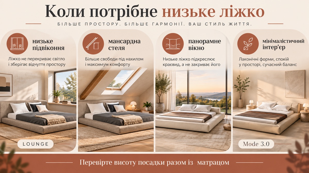 Коли потрібне низьке ліжко: низьке підвіконня, мансардна стеля, панорамне вікно, мінімалістичний інтер'єр