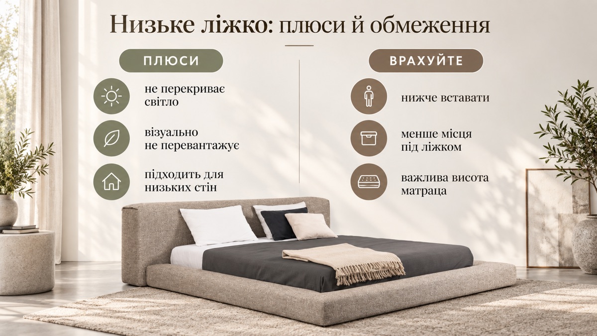 Низьке ліжко: плюси і обмеження — не перекриває світло, візуально не перевантажує, але нижче вставати і менше місця під ліжком