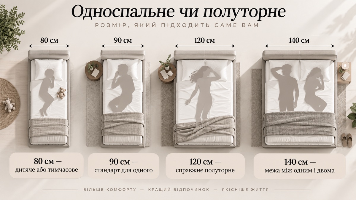 Односпальне чи полуторне: 80 см дитяче або тимчасове, 90 см стандарт для одного, 120 см справжнє полуторне, 140 см межа між одним і двома