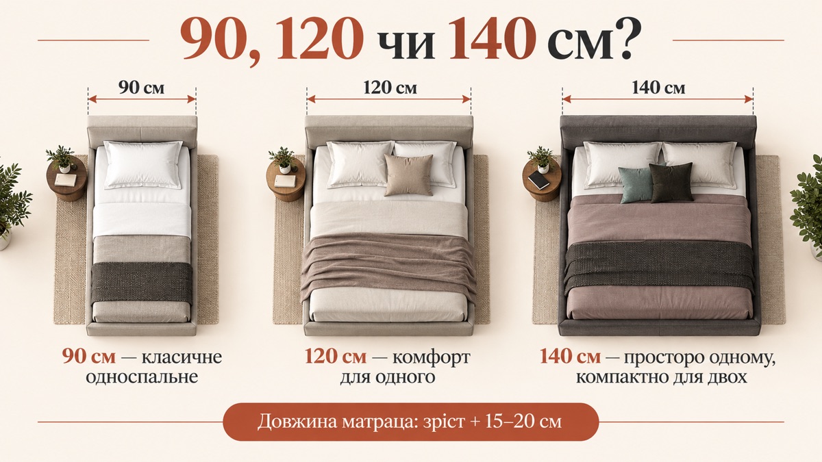90, 120 чи 140 см: 90 см класичне односпальне, 120 см комфорт для одного, 140 см просторо одному і компактно для двох