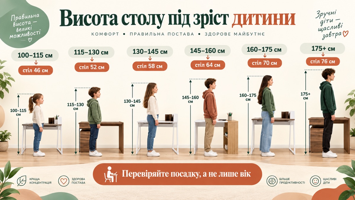 Висота столу під зріст дитини: від стола 46 см при 100-115 см зросту до 76 см при 175+ см