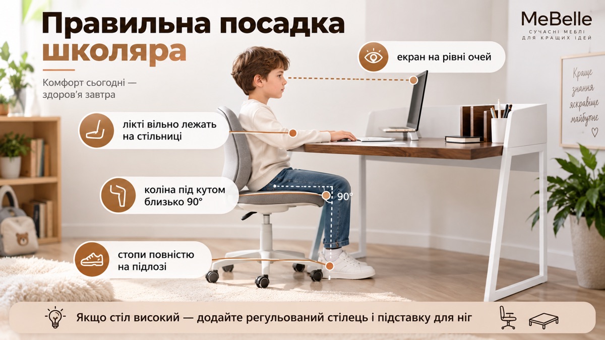 Правильна посадка школяра: лікті вільно лежать на стільниці, коліна під кутом близько 90°, стопи повністю на підлозі, екран на рівні очей