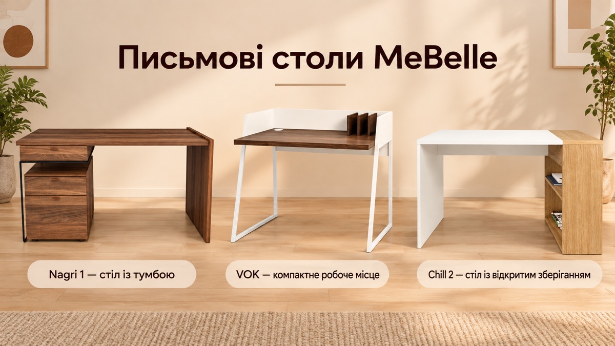 Письмові столи MeBelle: Nagri 1 з тумбою, VOK компактне робоче місце, Chill 2 з відкритим зберіганням