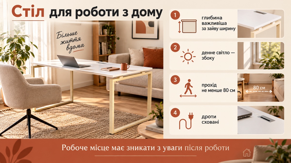 Стіл для роботи з дому: глибина важливіша за зайву ширину, денне світло збоку, прохід не менше 80 см, дроти сховані