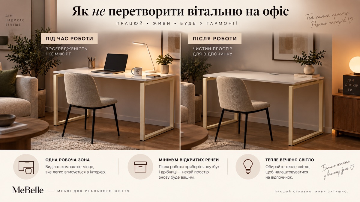Як не перетворити вітальню на офіс: під час роботи зосередженість і комфорт, після роботи чистий простір для відпочинку