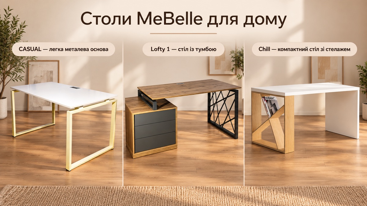 Столи MeBelle для дому: CASUAL легка металева основа, Lofty 1 стіл із тумбою, Chill компактний стіл зі стелажем