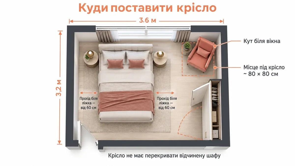 Plan of a bedroom of about 3.2 × 3.6 m: bed, two bedside tables, wardrobe, window and an armchair in the corner by the window; walkway beside the bed from 60 cm, space for the armchair about 80 × 80 cm