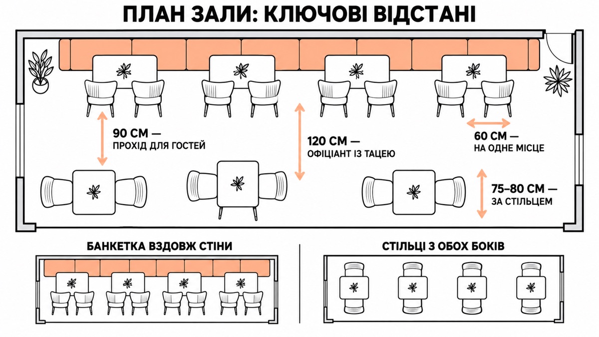 План зали ключові відстані: 90 см прохід для гостей, 120 см офіціант із тацею, 60 см на одне місце, 75-80 см за стільцем — банкетка вздовж стіни проти стільців з обох боків