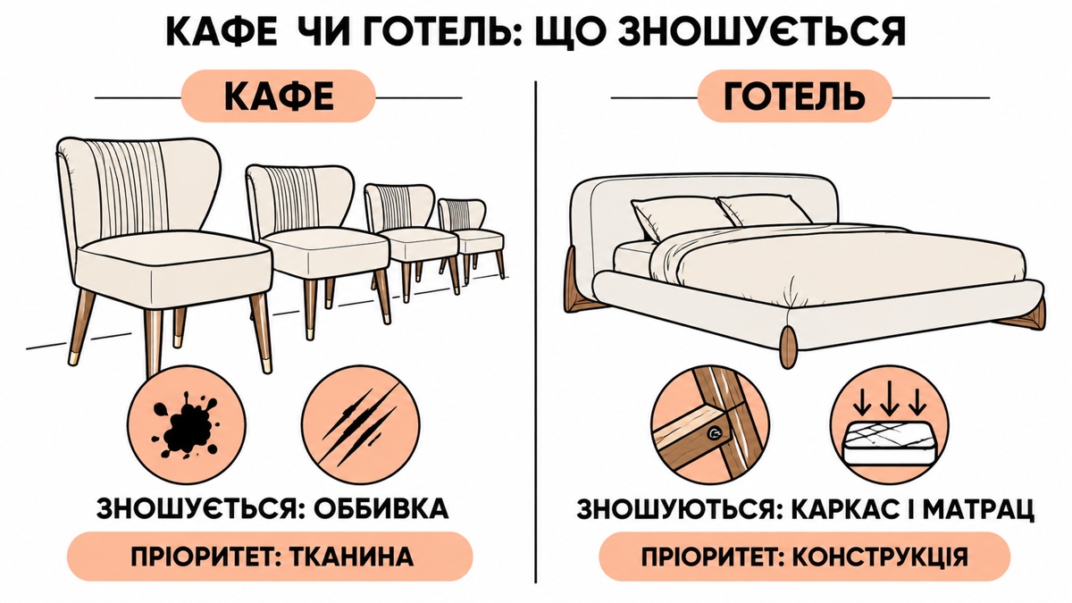 Кафе чи готель що зношується: у кафе зношується оббивка пріоритет тканина, у готелі зношуються каркас і матрац пріоритет конструкція