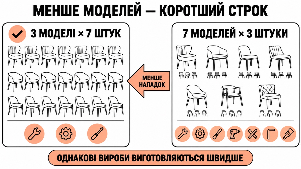Менше моделей - коротший строк: 3 моделі по 7 штук виготовляються швидше, ніж 7 моделей по 3 штуки — менше наладок, однакові вироби виготовляються швидше