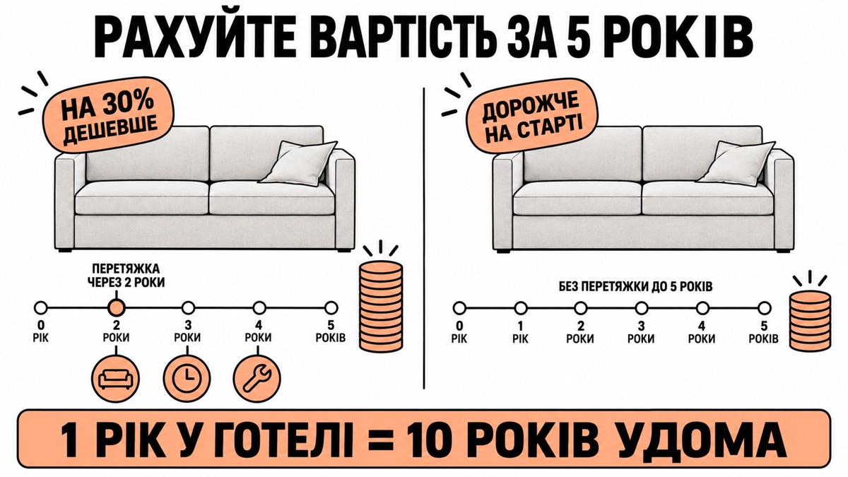 Рахуйте вартість за 5 років: на 30% дешевше з перетяжкою через 2 роки проти дорожче на старті без перетяжки до 5 років — 1 рік у готелі дорівнює 10 рокам удома