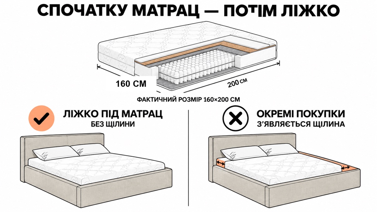 Спочатку матрац, потім ліжко: матрац фактичний розмір 160х200 см, ліжко під матрац без щілини проти окремих покупок де зʼявляється щілина