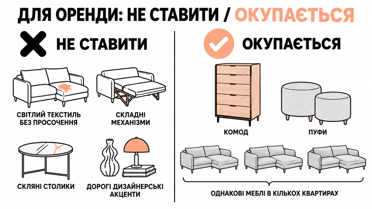 Для оренди: не ставити світлий текстиль без просочення, складні механізми, скляні столики, дорогі дизайнерські акценти; окупається комод, пуфи, однакові меблі в кількох квартирах
