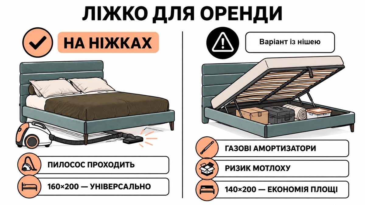 Ліжко для оренди: на ніжках - пилосос проходить, 160х200 універсально; варіант із нішею - газові амортизатори, ризик мотлоху, 140х200 економія площі