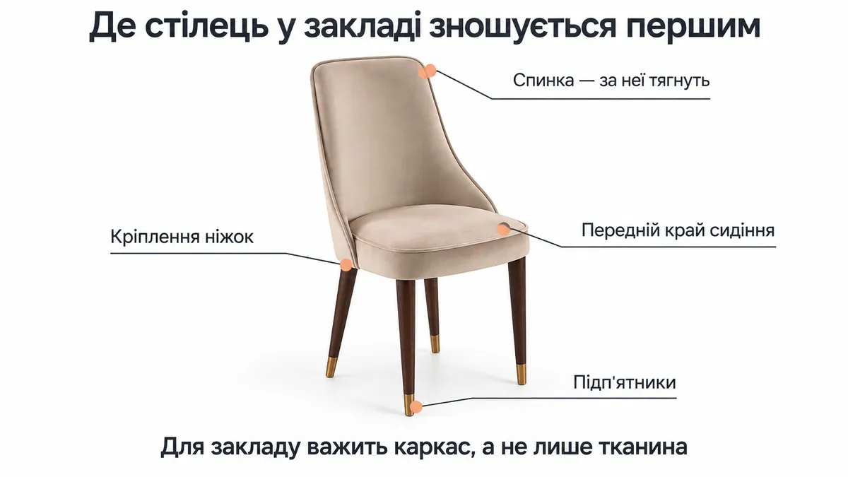 Restaurant chair with arrows pointing to the weak spots: leg joints, front edge of the seat, backrest, floor glides
