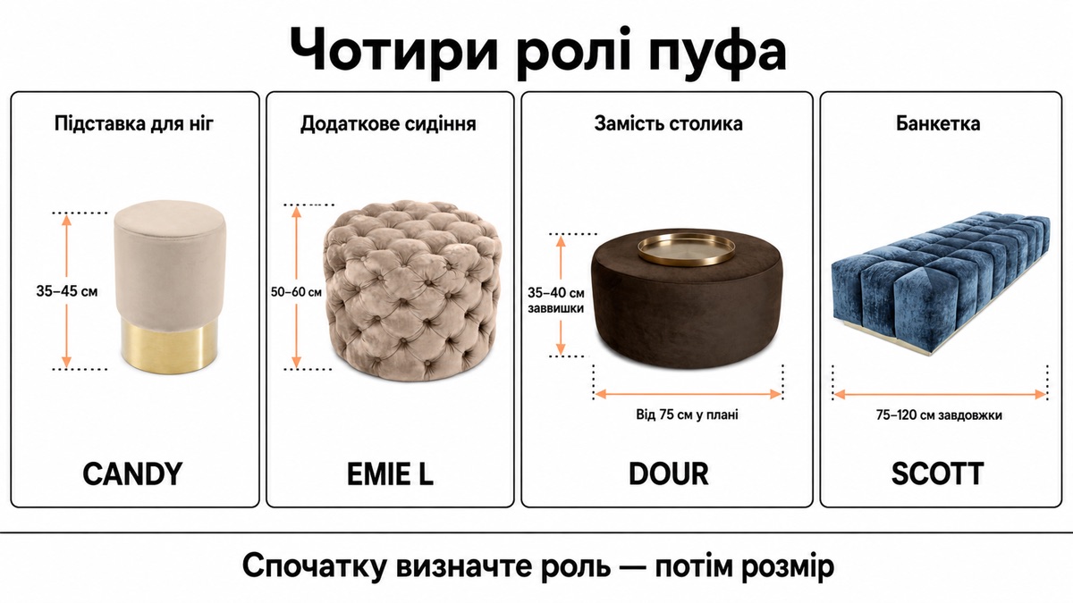 Чотири ролі пуфа: підставка для ніг CANDY, додаткове сидіння EMIE L, замість столика DOUR, банкетка SCOTT