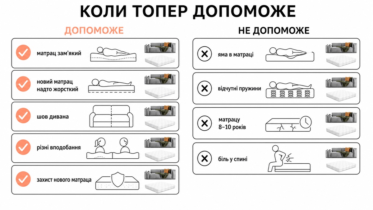 Коли топер допоможе: замʼякий матрац, надто жорсткий, шов дивана, різні вподобання, захист матраца; не допоможе: яма, пружини, вік 8-10 років, біль у спині