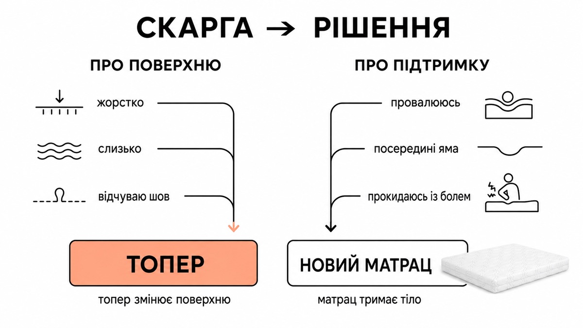 Скарга - рішення: жорстко/слизько/шов - топер; провалююсь/яма/прокидаюсь із болем - новий матрац