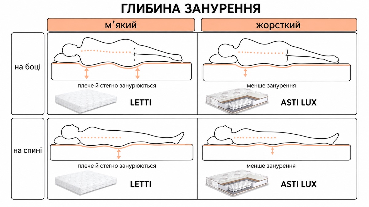 Глибина занурення: мʼякий LETTI - плече й стегно занурюються, жорсткий ASTI LUX - менше занурення, на боці й на спині