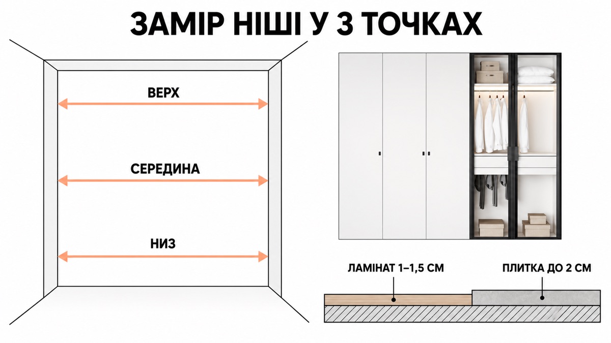 Замір ніші у 3 точках: верх, середина, низ; ламінат додає 1-1,5 см, плитка до 2 см