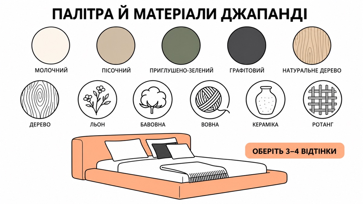Палітра й матеріали джапанді: молочний, пісочний, приглушено-зелений, графітовий, натуральне дерево; дерево, льон, бавовна, вовна, кераміка, ротанг — оберіть 3-4 відтінки