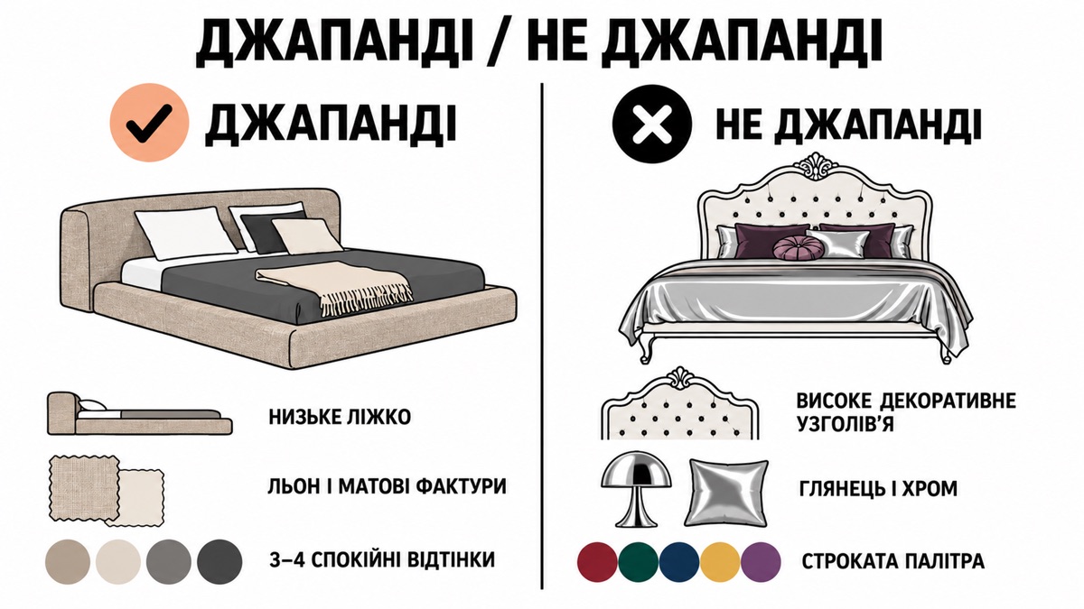 Джапанді проти не джапанді: низьке ліжко, льон і матові фактури, 3-4 спокійні відтінки проти високого декоративного узголівʼя, глянцю й хрому, строкатої палітри